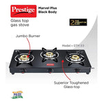 Prestige 3 burner Glass top, GTM 03, Black, Manual Ignition Marvel Plus