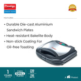 Prestige PGMFS Sandwich Maker 700W with Non-stick Fixed Grilled Plates (Black)